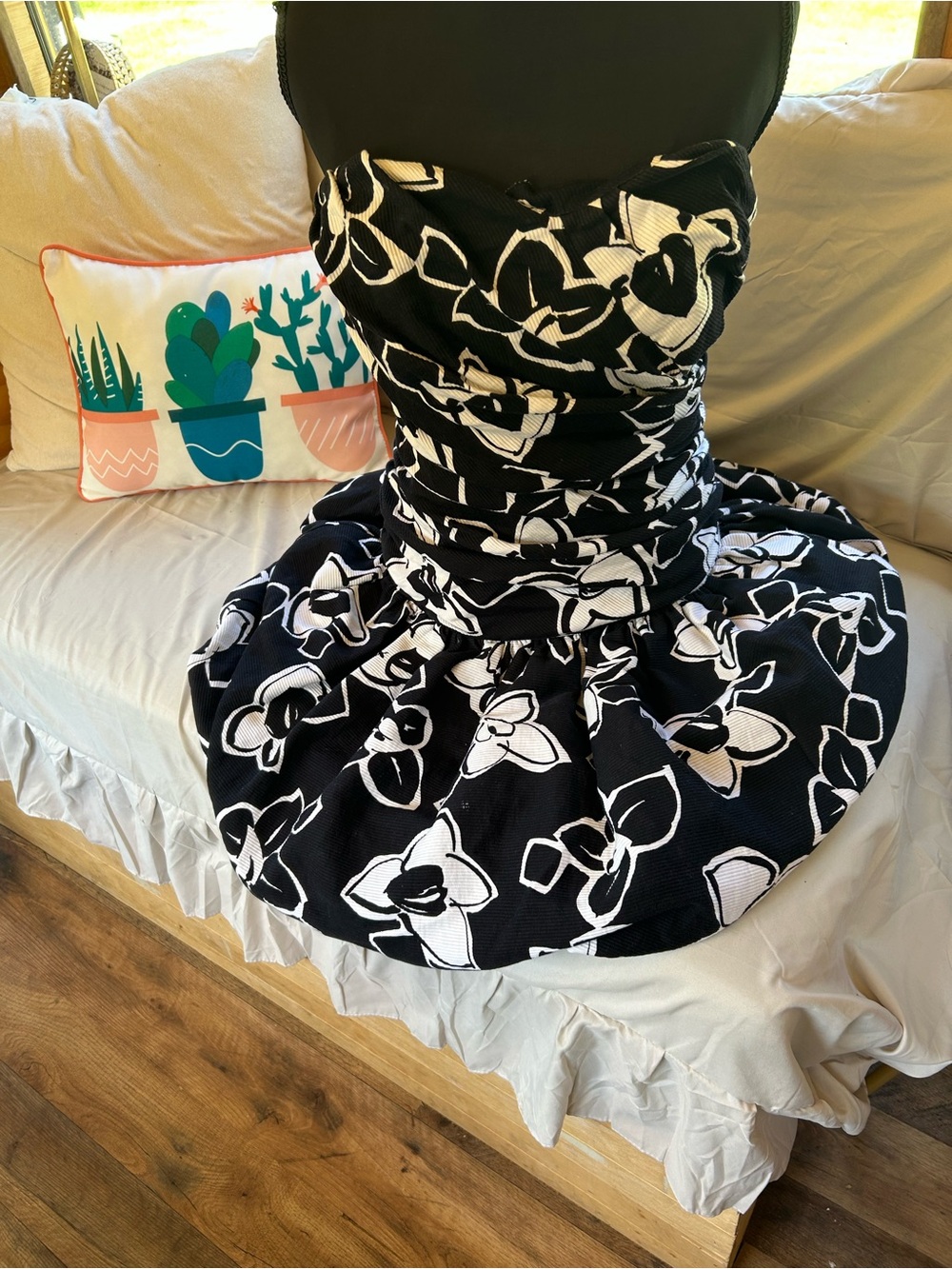 Strapless Black & White Floral Fit-and-Flare Dress